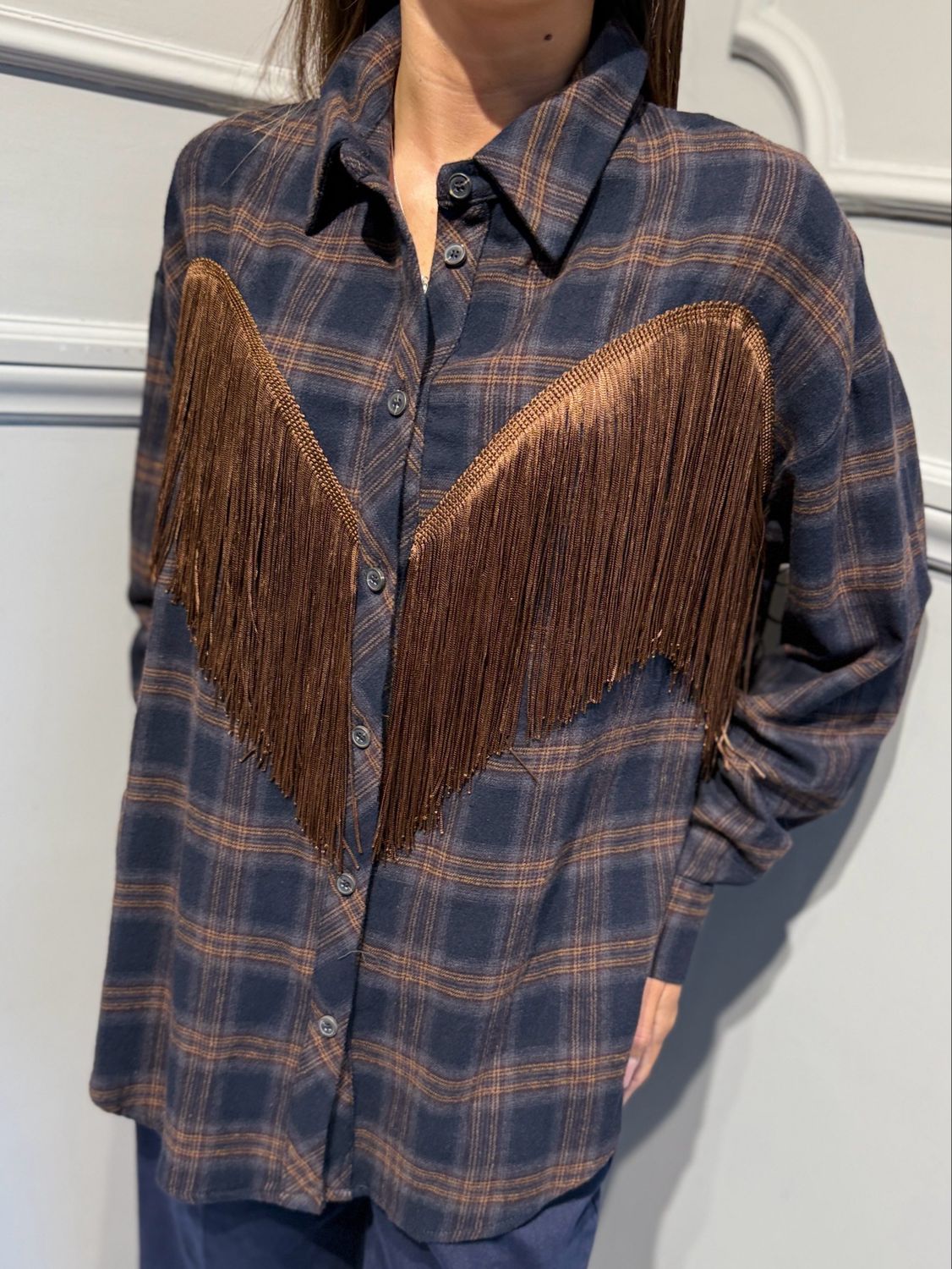 TENSIONE IN - camicia con frange a quadri 27C6271 Moro/grigio