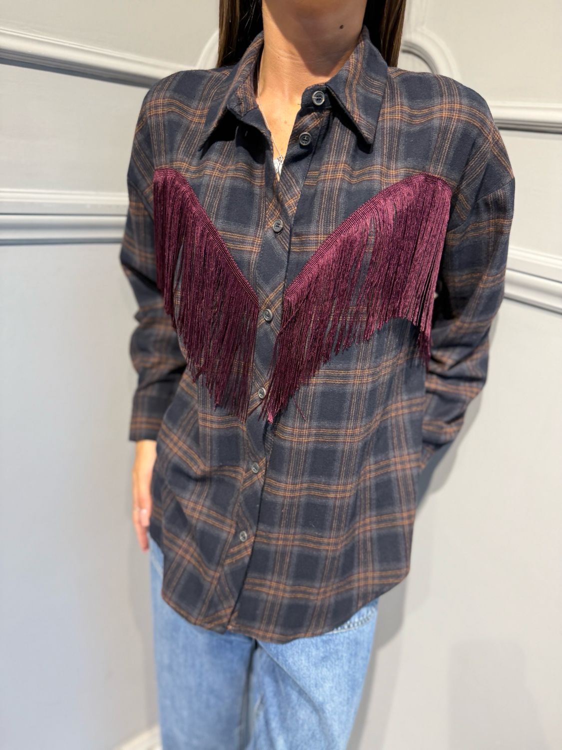 TENSIONE IN - camicia in flanella a quadri con frange 27C6271 bordeaux/blu