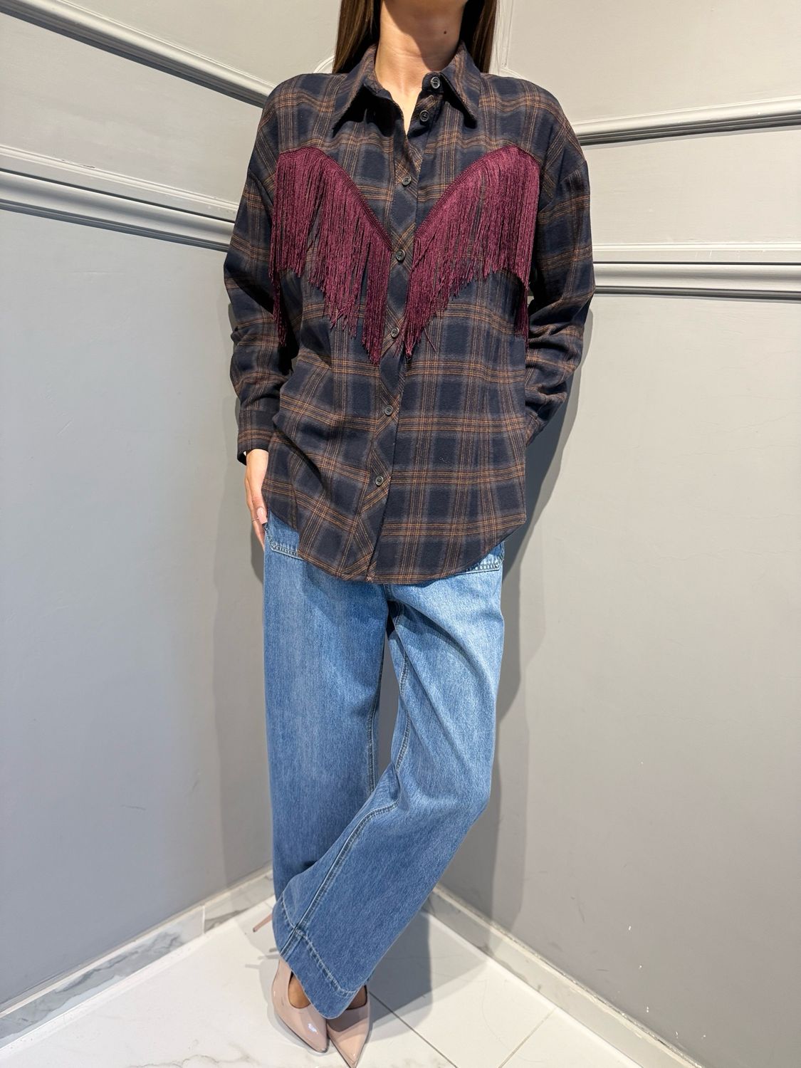 TENSIONE IN - camicia in flanella a quadri con frange 27C6271 bordeaux/blu