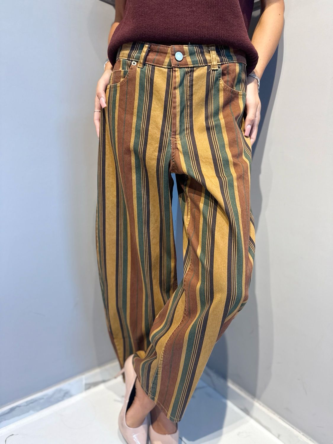 TENSIONE IN - pantalone a righe in vellutino RF741 verde/ocra/moro/bordeaux