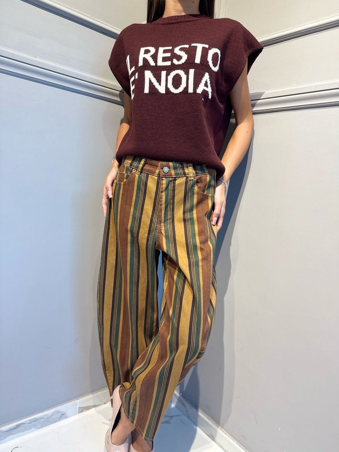 TENSIONE IN - pantalone a righe in vellutino RF741 verde/ocra/moro/bordeaux