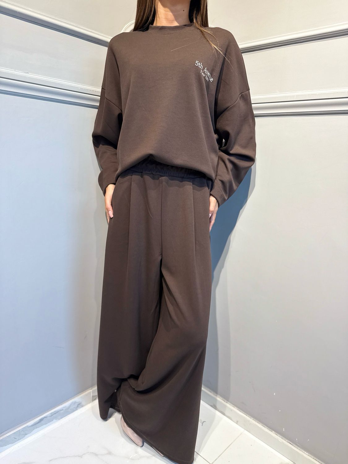 MOTEL - pantalone a palazzo garzato con elastico in vita FWMOT002 cioccolato