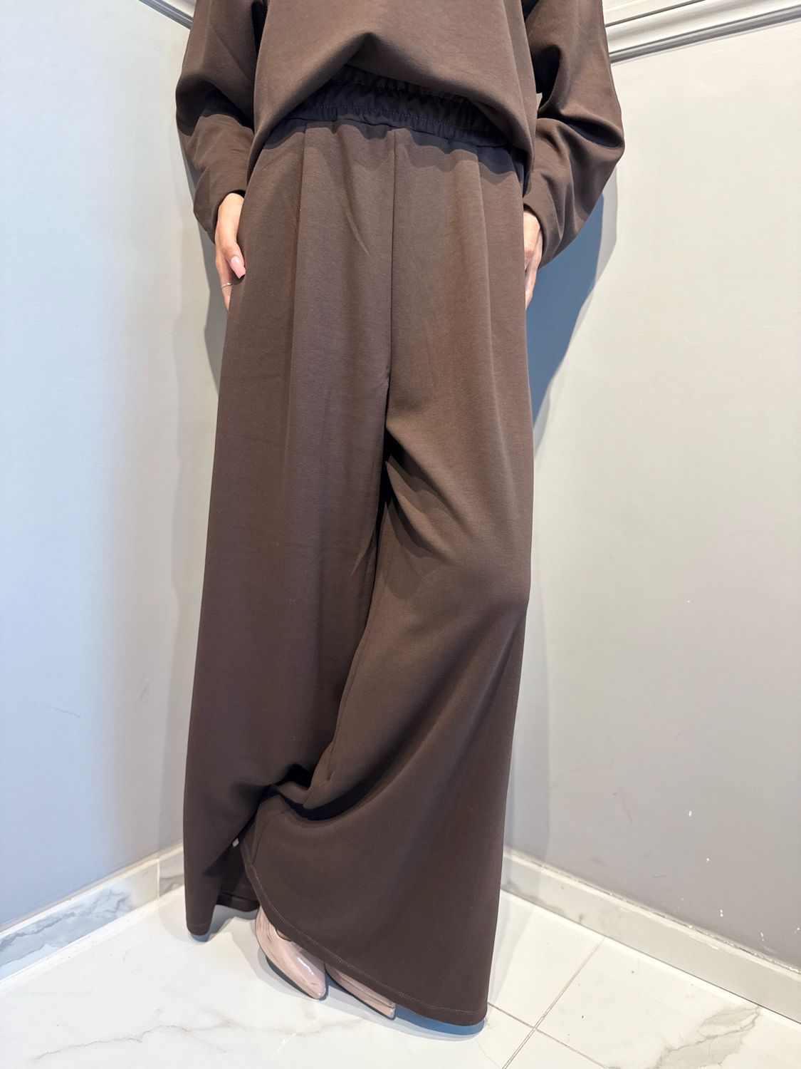 MOTEL - pantalone a palazzo garzato con elastico in vita FWMOT002 cioccolato