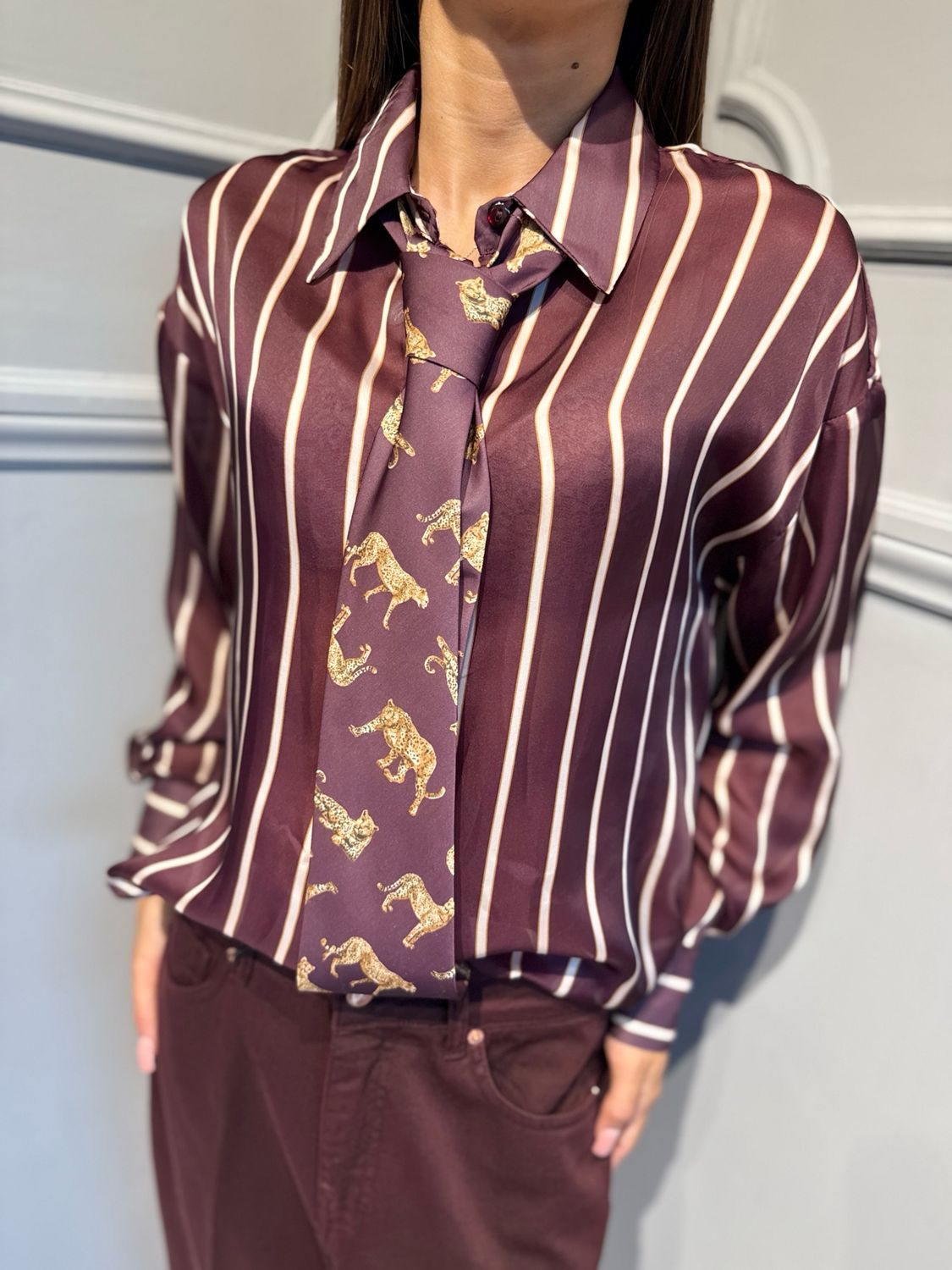 TENSIONE IN - camicia con cravatta 27C6279 riga/leopardato bordeaux