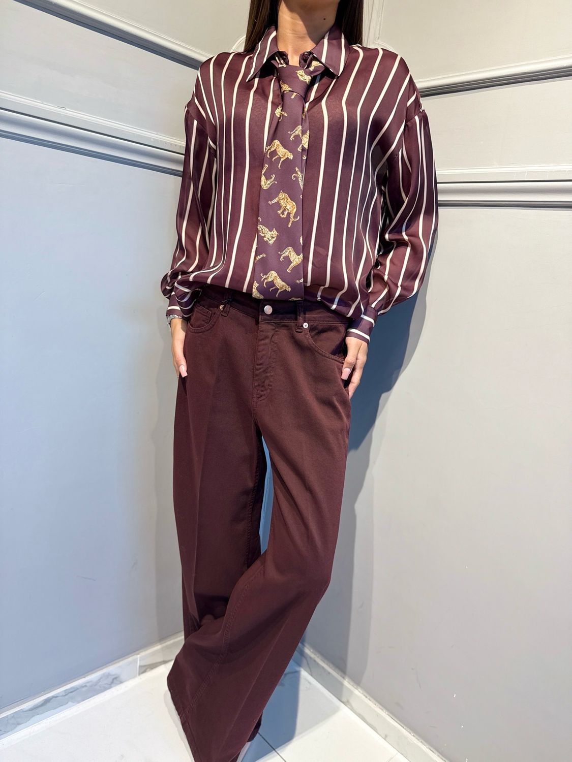 TENSIONE IN - camicia con cravatta 27C6279 riga/leopardato bordeaux