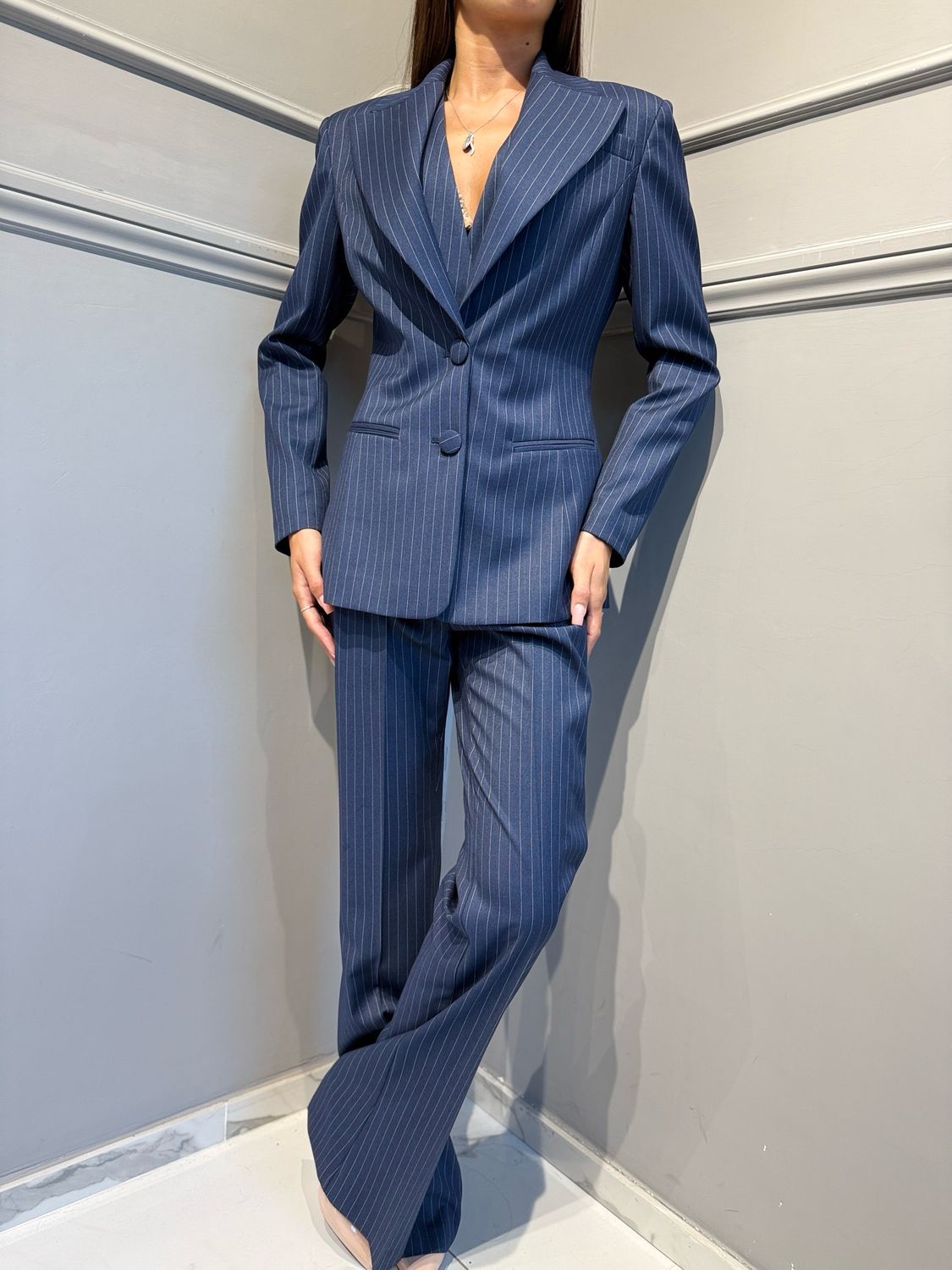 SILENCE LIMITED - tailleur tre pezzi giacca avvitata+gilet avvitato con Tevere e bottoni ricoperti+pantalone a zampa blu gessato axe blazer+axe gilet+axe pants SLGIL005+NP2003R