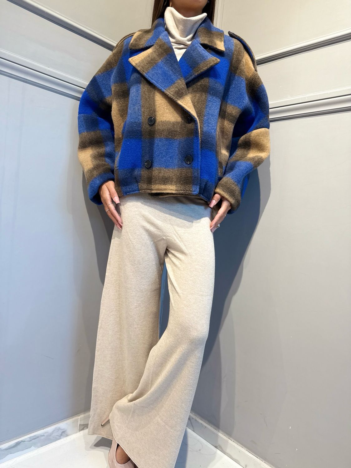 HAVE ONE - giacca in pile a quadri JVS-R047 bluette