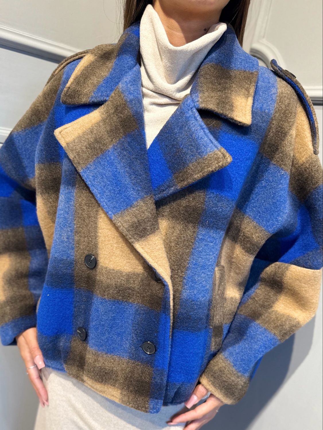 HAVE ONE - giacca in pile a quadri JVS-R047 bluette
