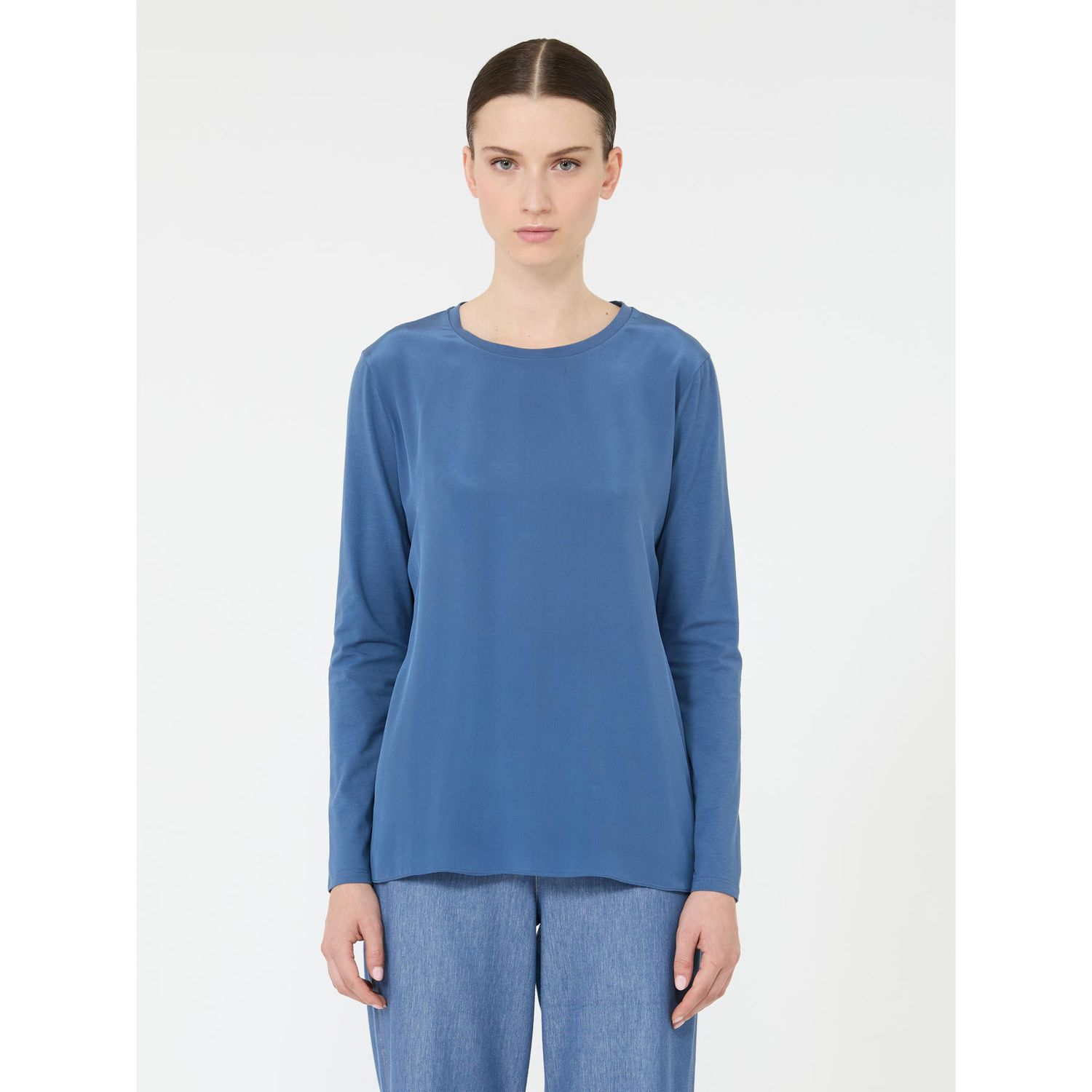MM Max Mara - Blusa in maglia in jersey di cotone stretch MMLFOLK - blu avio