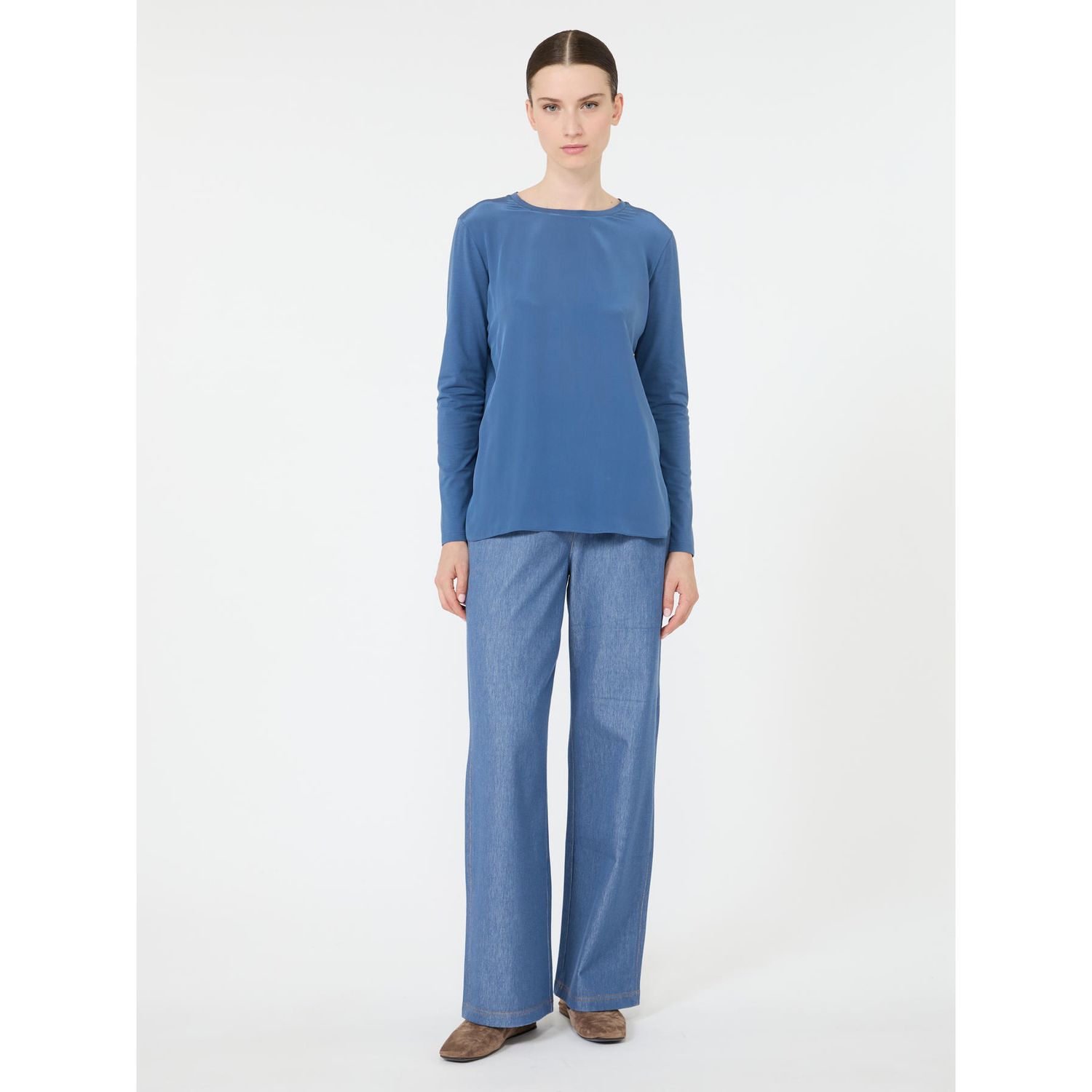 MM Max Mara - Blusa in maglia in jersey di cotone stretch MMLFOLK - blu avio