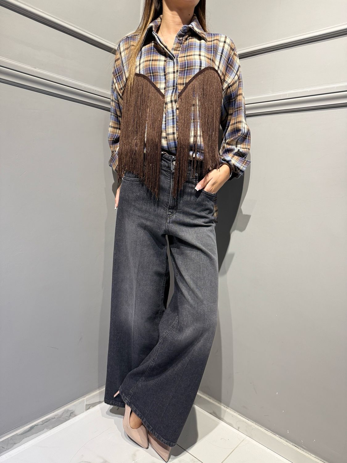 TENSIONE IN - camicia a quadri con frange W26C880 bluette