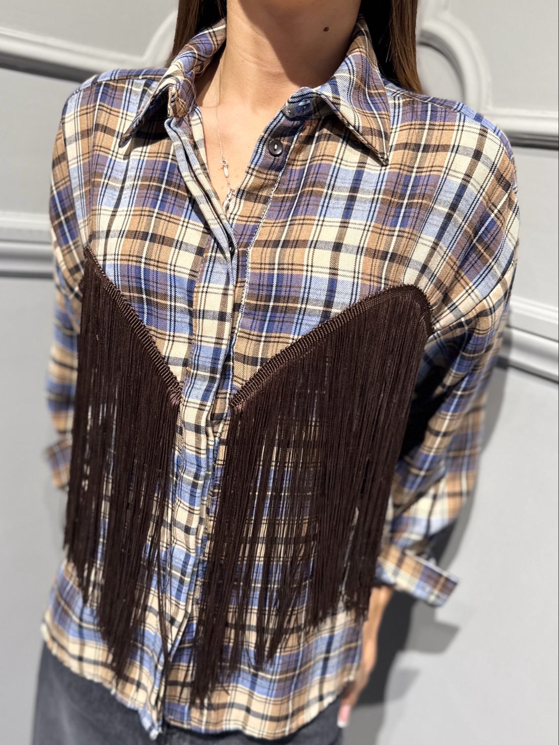 TENSIONE IN - camicia a quadri con frange W26C880 bluette