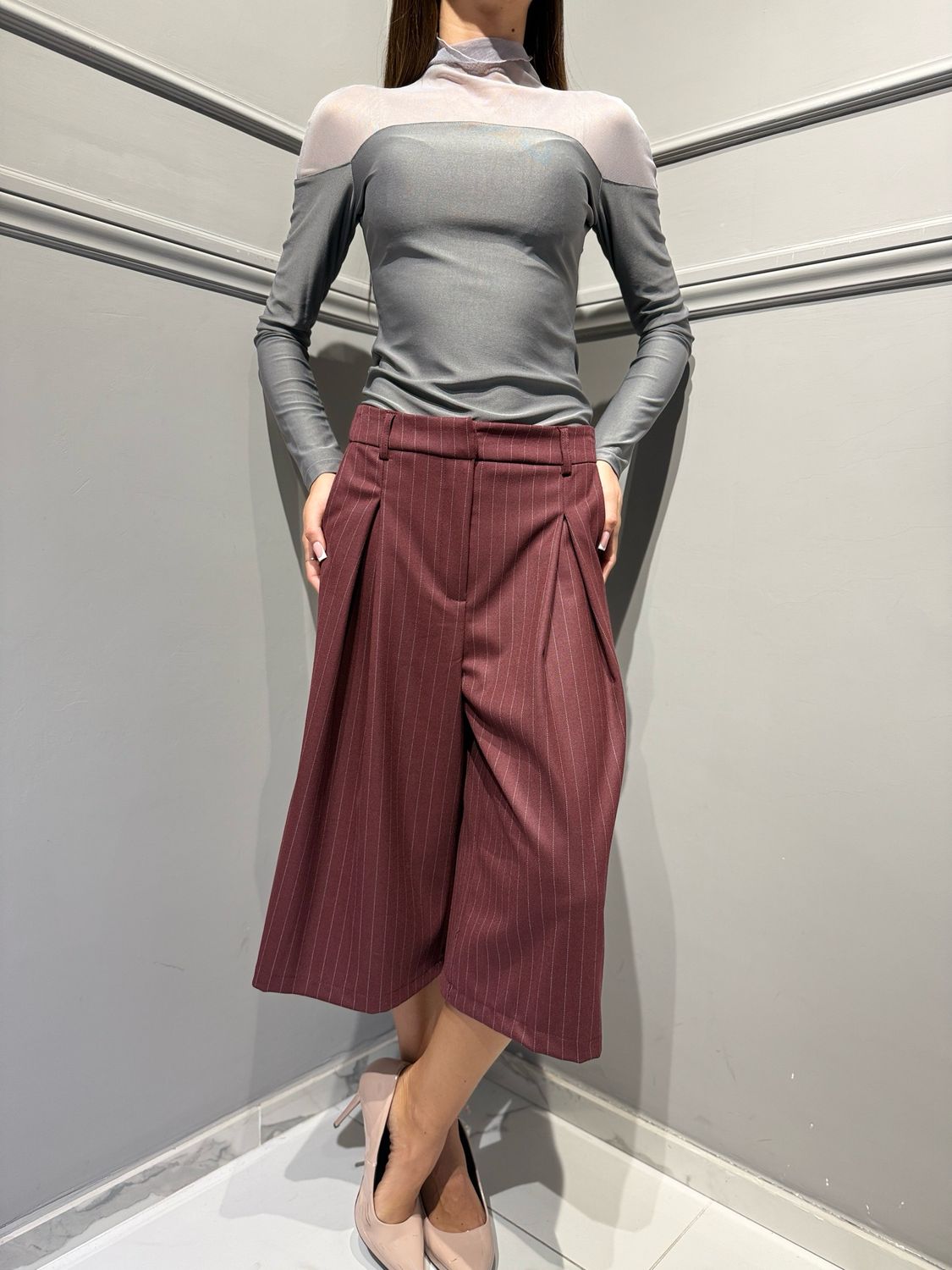 TENSIONE IN - pantalone gessato 27P6434 bordeaux