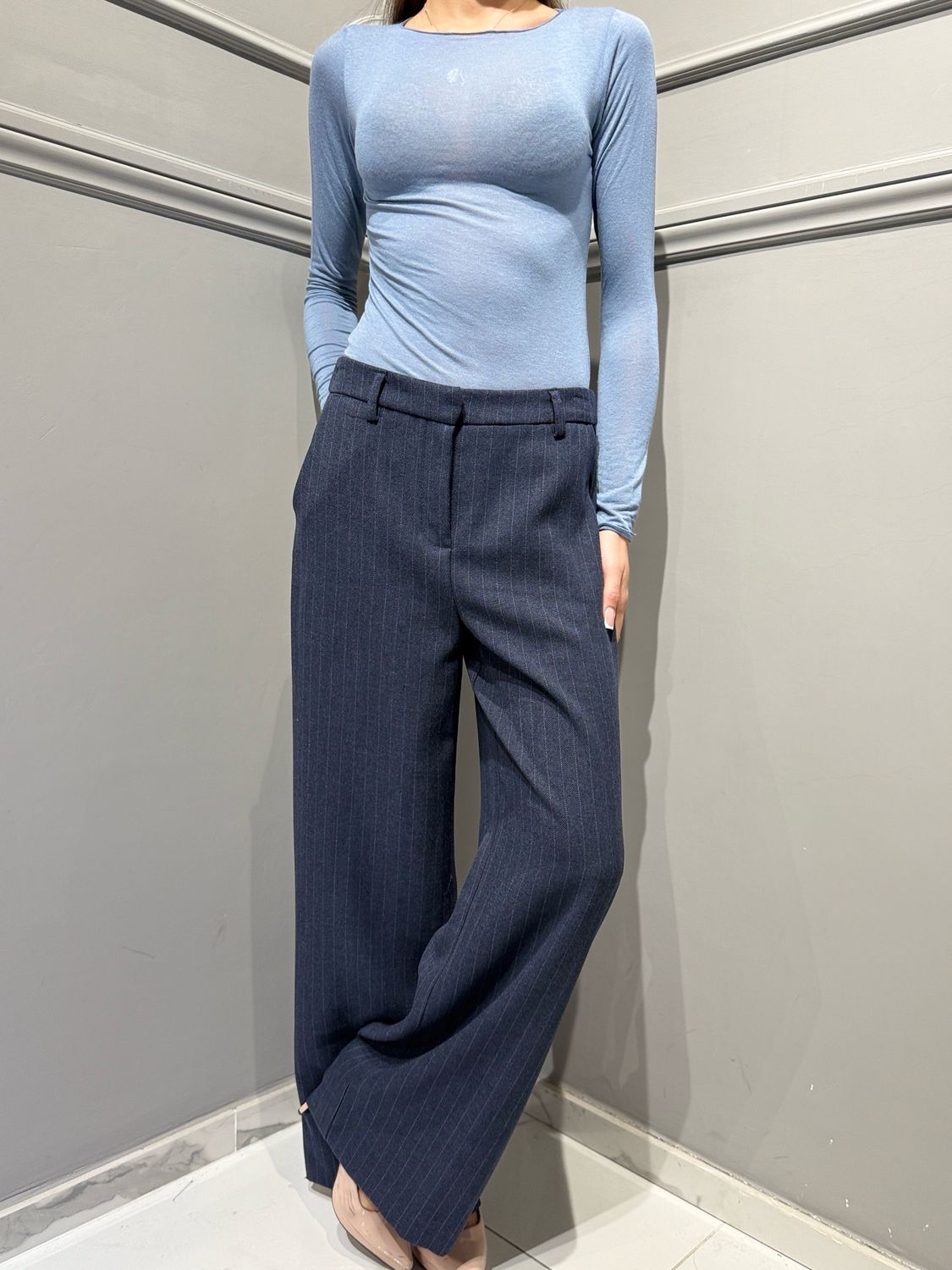 TENSIONE IN - pantalone a palazzo con tasche laterali gessato 27P6610 blu