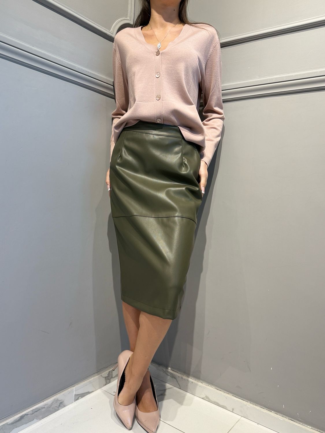 VICOLO - gonna in ecopelle a tubino TAC1563  verde militare