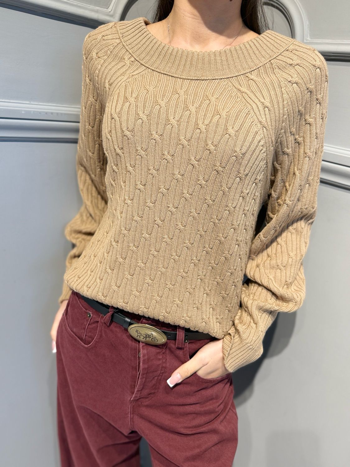 MAX MARA MM - maglia trecce scollo a barca KABALA Beige cammello