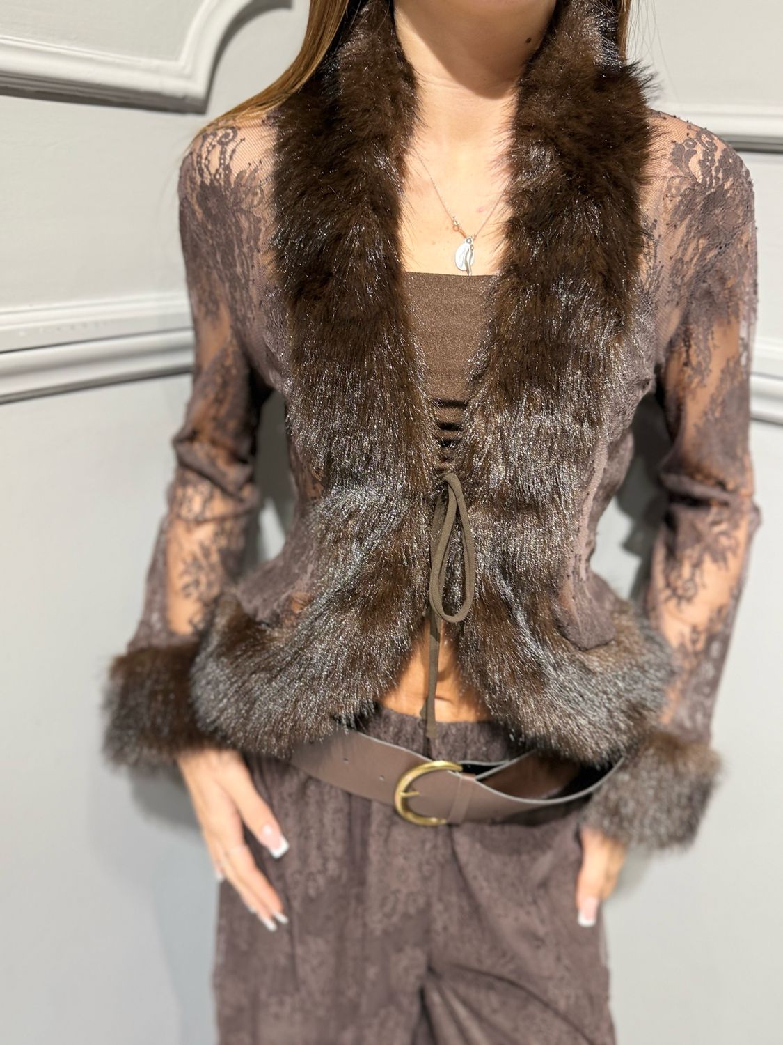 MOTEL - cardigan in pizzo e pelliccia 104-C1062FW26R Moro