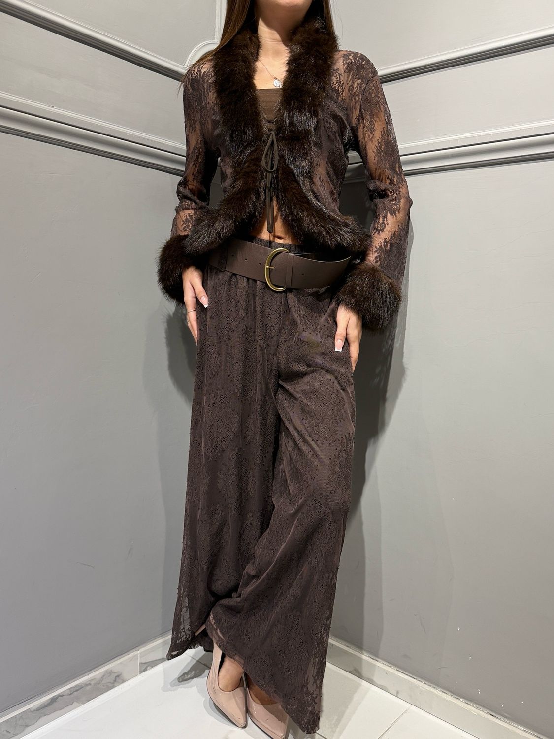MOTEL - pantalone in pizzo foderato 104-P1072FW26N moro