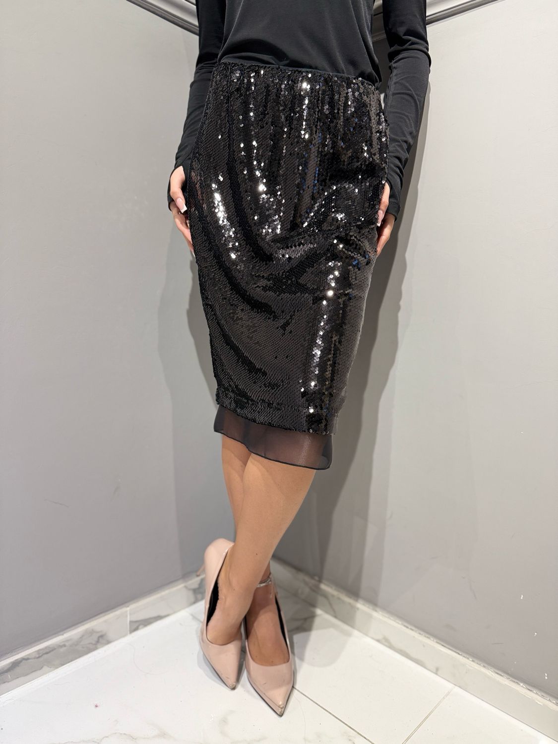 TENSIONE IN - gonna longuette in paillettes N20150AT nero