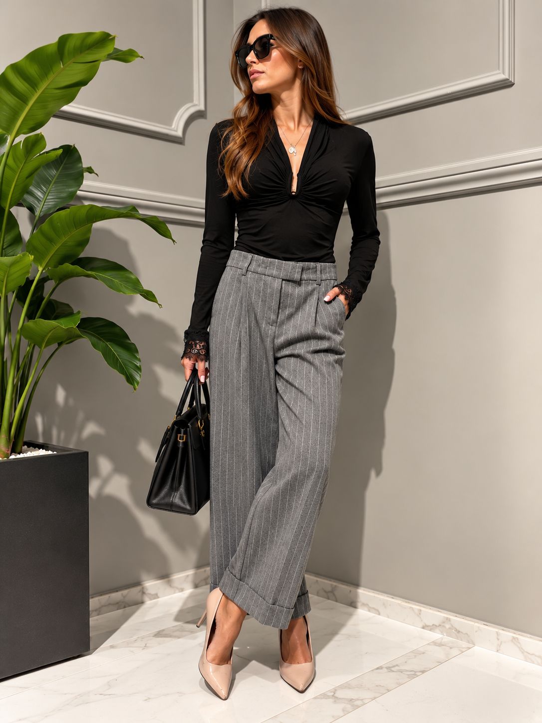 Tensione In - pantalone crop gessato con risvolto e pences 27P6780 grigio