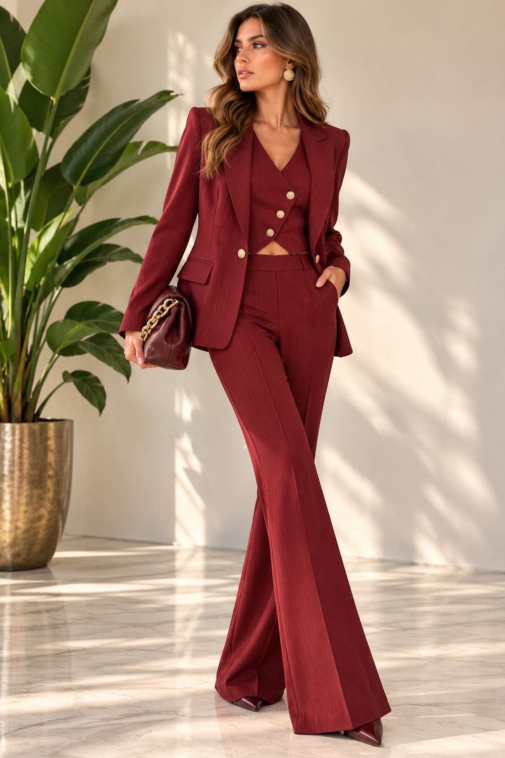 Tailleur giacca gilet e pantalone gessato bordeaux