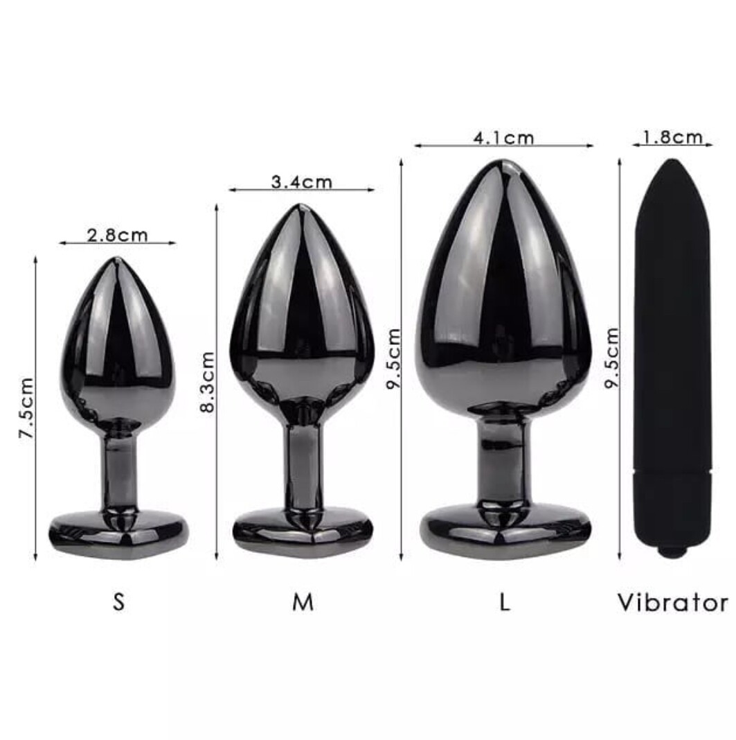 Anal plug, black metall red heart crystal