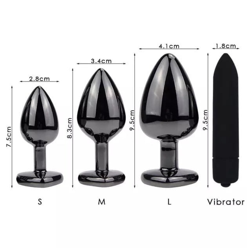 Anal plug, black metall red heart crystal