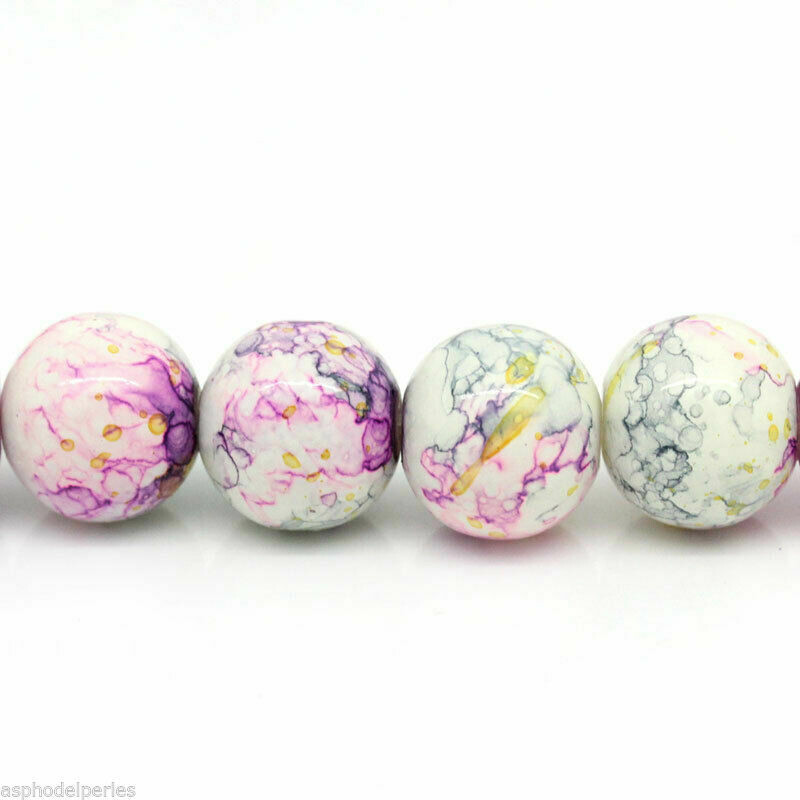 20 perles en verre blanc cassé marbré de couleurs 10 mm