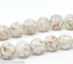 15 perles en verre blanc avec effet marbré marron 10 mm