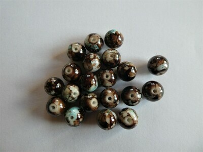 20 perles de verre marron foncé avec reflets turquoise