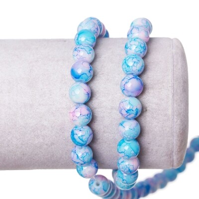 20 perles en verre bleu clair moucheté et reflets roses 8 mm