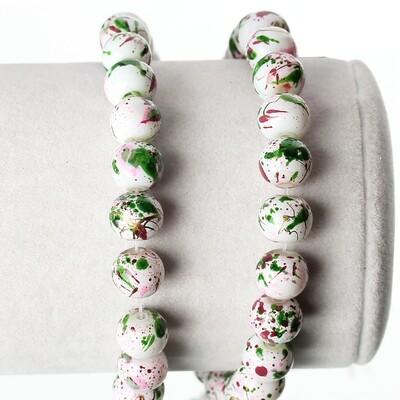 30 perles en verre 8 mm blanc effet moucheté vert et rose avec balayages dorés