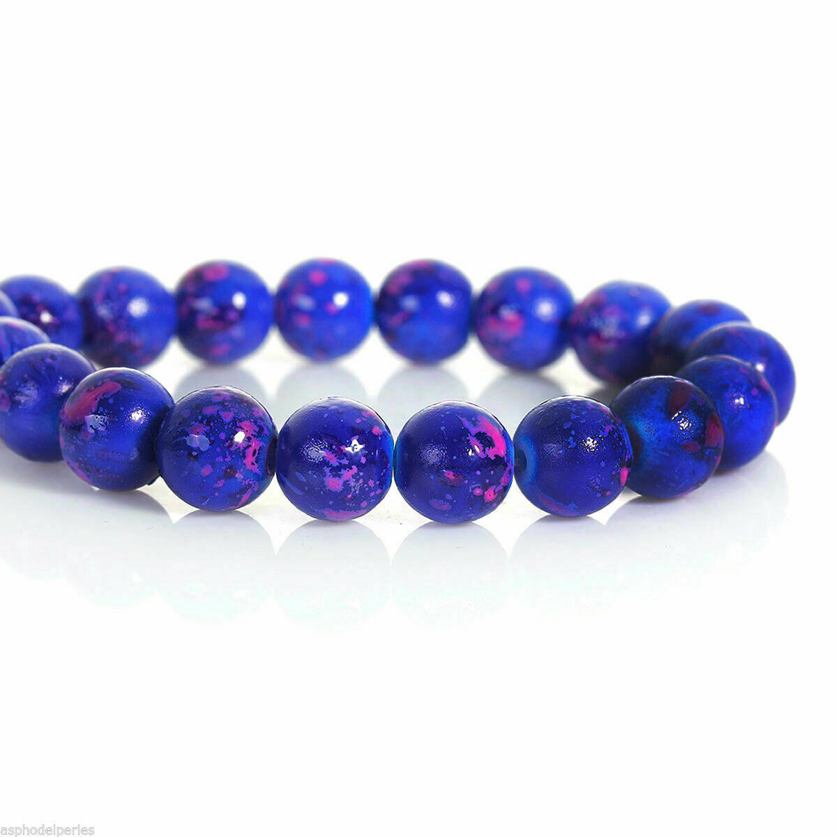 30 perles en verre bleu effet moucheté rose 8 mm