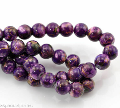 30 perles en verre 8 mm violet moucheté rose avec balayages dorés