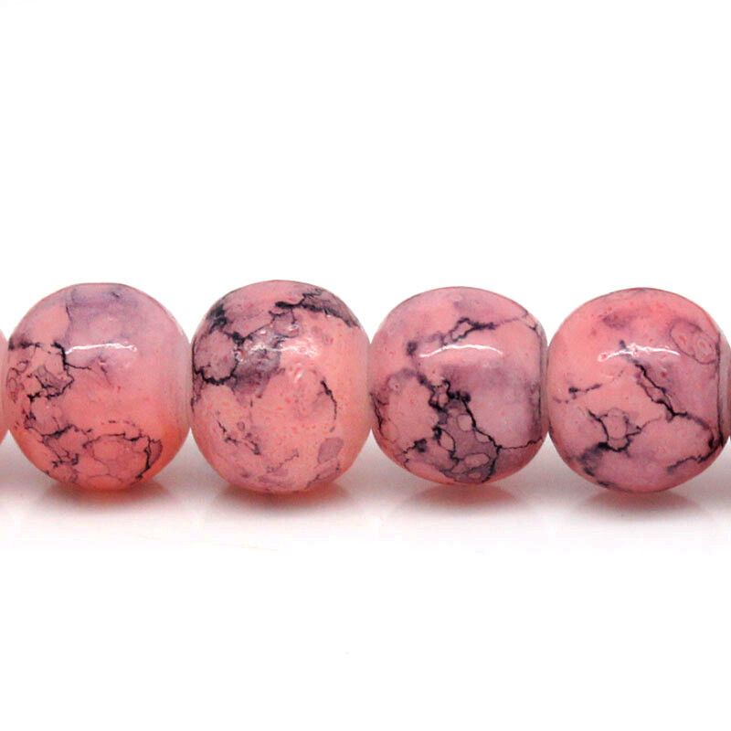 30 perles de verre  6 mm rose crevette avec un effet marbré