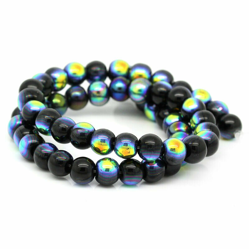 30 perles de verre 6 mm noir irisé