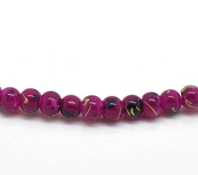 100 perles en verre rose foncé marbré avec balayages or 4 mm