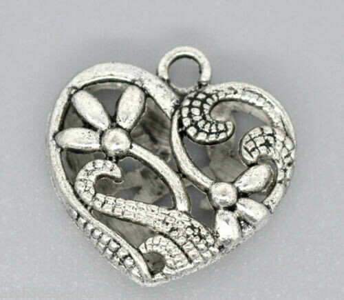 Pendentif coeur  argenté fleurs 23 x 23 mm sans nickel