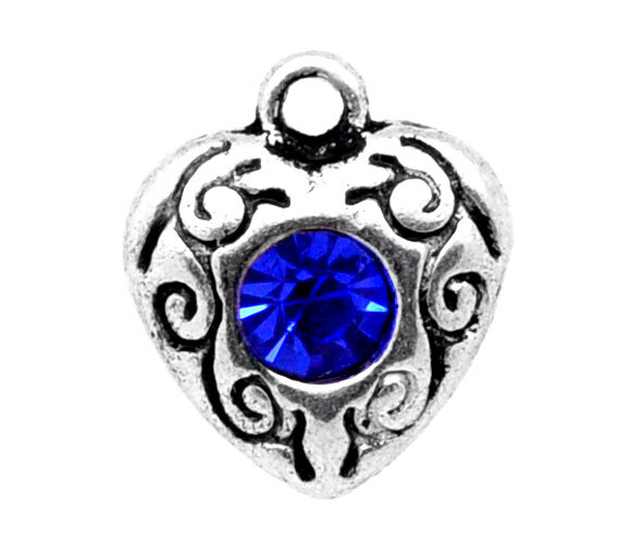 6 pendentifs breloques coeur métallique argenté strass bleu 12x 10 mm