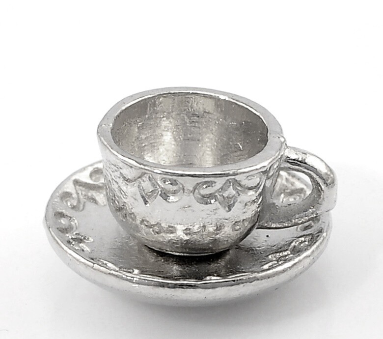4 pendentifs breloques tasse et soucoupe 3D argenté 14 x 8 mm