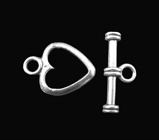 4 fermoirs en T toggle clasp argentés coeur  15 x 20 mm