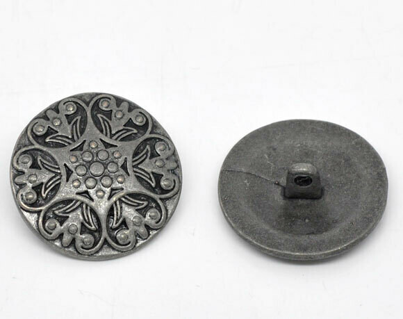 4 Boutons en métal argenté antique gravé 25 mm