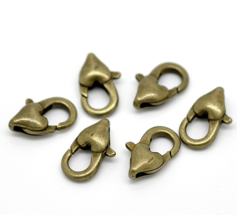 6 mousquetons coeur  couleur bronze 12 x 7 mm