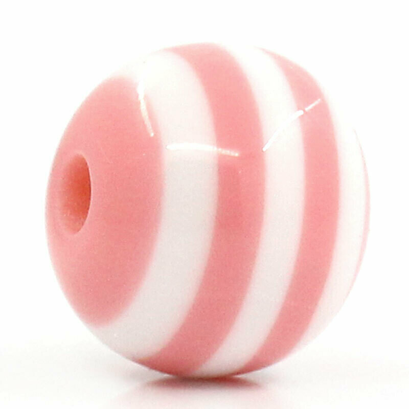 20 perles de résine rayées rose et blanc 10 mm