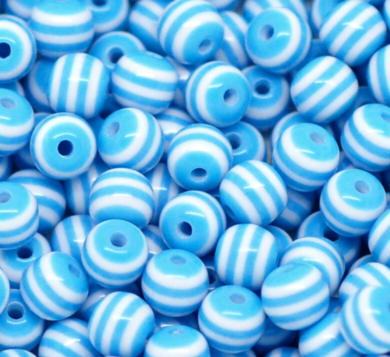 30 perles de résine rayées bleu ciel et blanc  6 mm