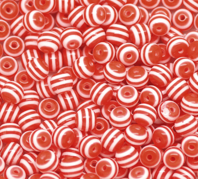 30 perles de résine rayées rouge et blanc 6 mm