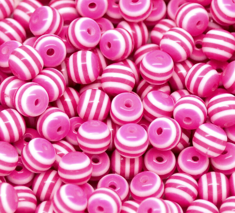 30 perles de résine rayées rose et blanc  6 mm