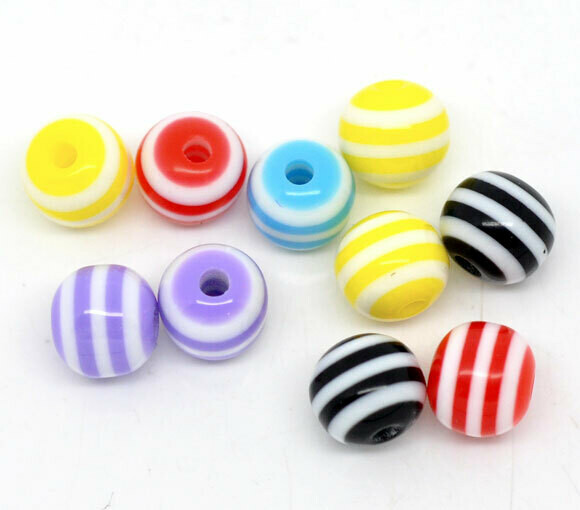30 perles de résine rayées de couleurs variées  6 mm