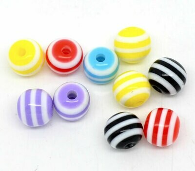 30 perles de résine rayées de couleurs variées 6 mm