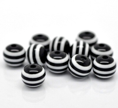 28 perles de résine rayées noir et blanc 8 mm